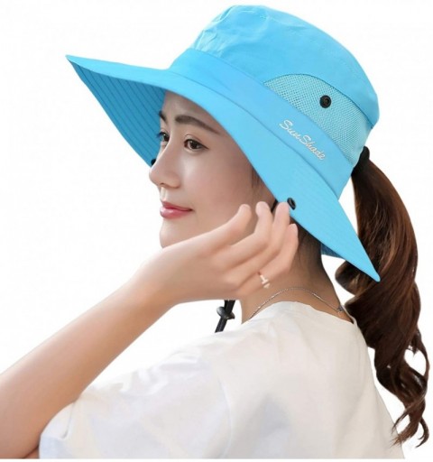 Women's Summer Mesh Wide Brim Sun UV Protection Hat with Ponytail Hole ...