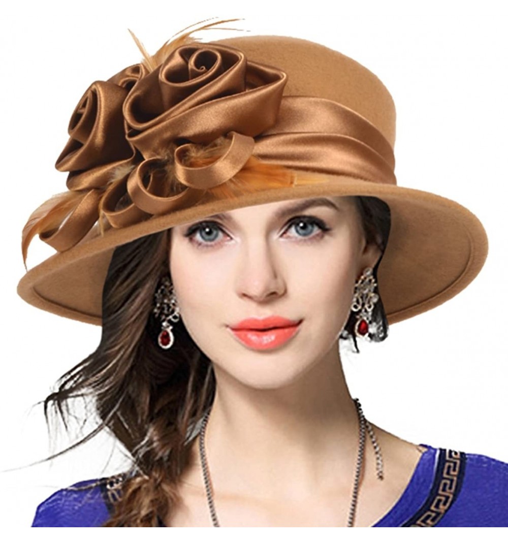 Bucket Hats Women's Wool Church Dress Cloche Hat Plumy Felt Bucket Winter Hat - Floral-camel - CX12N32RNEA $23.07
