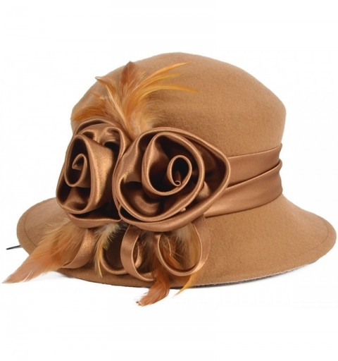 Bucket Hats Women's Wool Church Dress Cloche Hat Plumy Felt Bucket Winter Hat - Floral-camel - CX12N32RNEA $23.07
